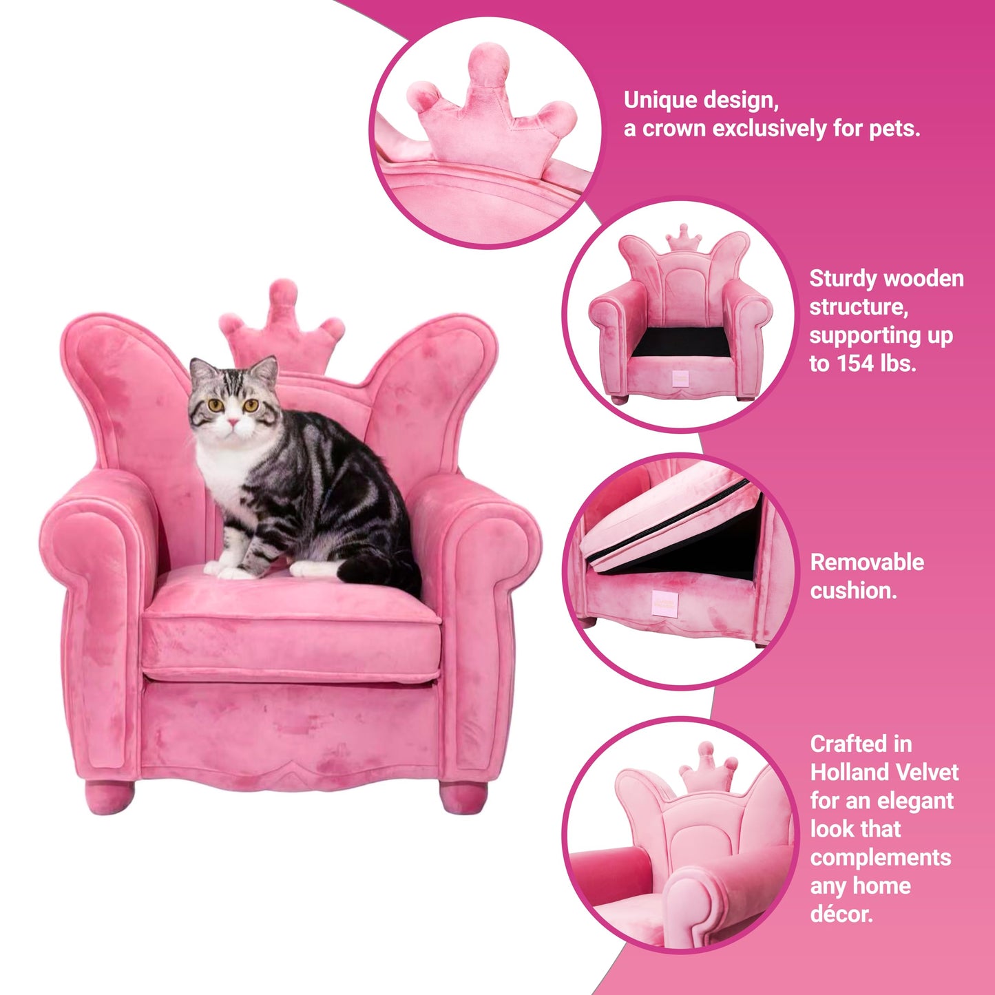 Cuddle Republic Luxury Pet Sofa – Holland Velvet DogCat Throne Chair, Pink Princess Style, Cozy & Soft, Washable Cover, Scratch-Resistant & Durable, Perfect for Home Décor & Pet Lovers